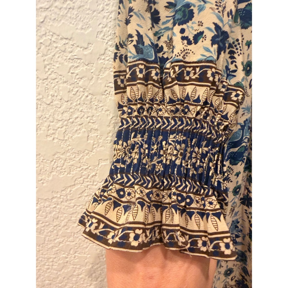 Sea New York Doe Print Blue Floral Silk Puff Sleeve Tassel Blouse Top Size 4 - Picture 5 of 11